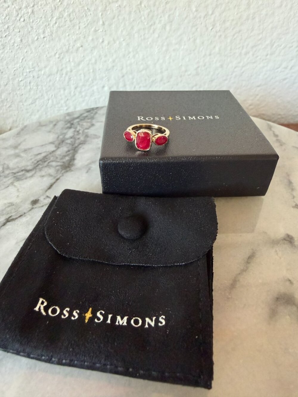 NIB 3.30 ct. Ruby Three-Stone Ring in 18kt Gold Over Sterling - 5 - 5.25